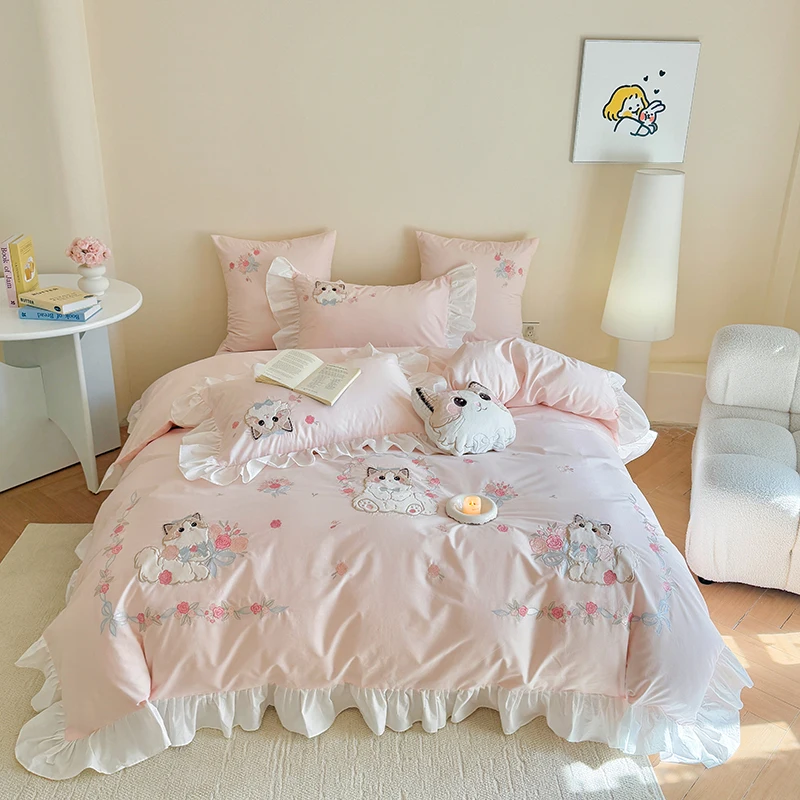Embroidery Quilt Cover - Розовый комплект постельного белья из чистого